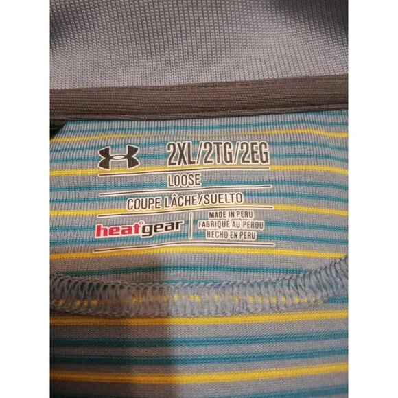 Under Armour UA Heatgear S/S Polo Golf Shirt Men’s 2XL Blue Yellow Striped - Picture 9 of 12